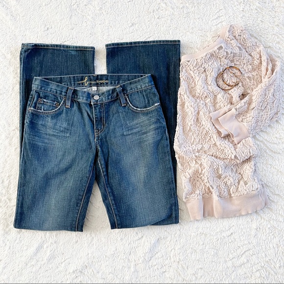 bebe Boot Cut Mid Rise Jeans Rhinestone Pockets 29 - Picture 2 of 16